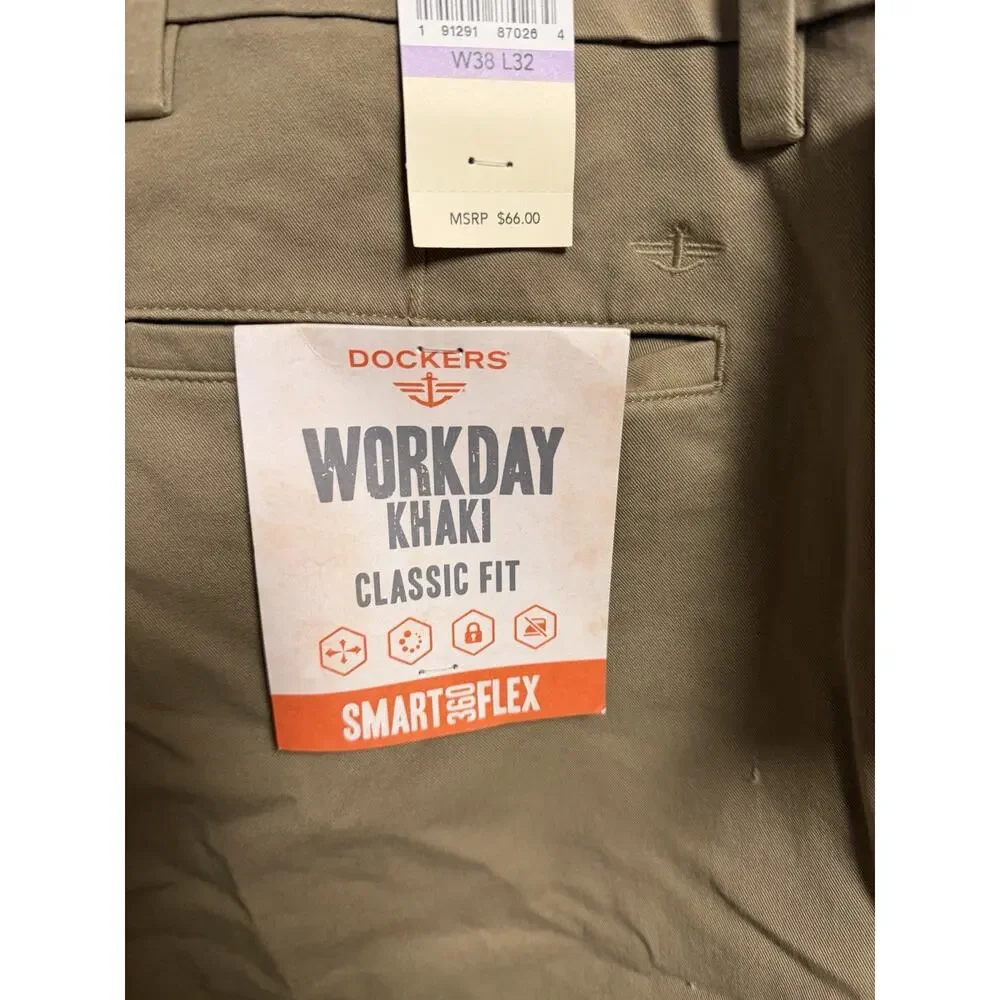 NWT Dockers Workday Khaki Pants Mens 38x32 Brown SmartFlex Classic Fit Tan